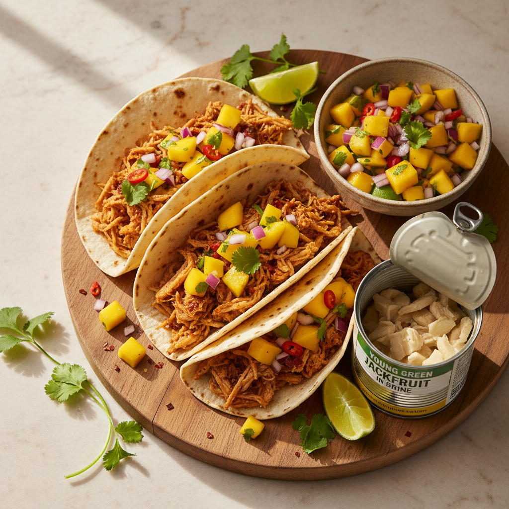 Spicy Jackfruit Tacos with Mango Salsa — Mexican recipe featuring Young Green Jackfruit (canned in brine)