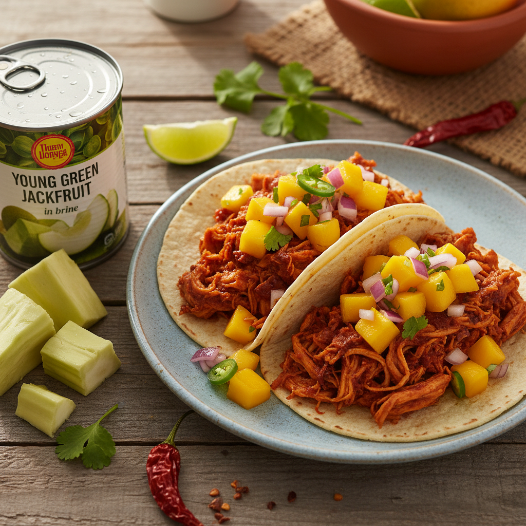Spicy Jackfruit Tacos with Mango Salsa — Mexican recipe featuring Young Green Jackfruit (canned in brine)