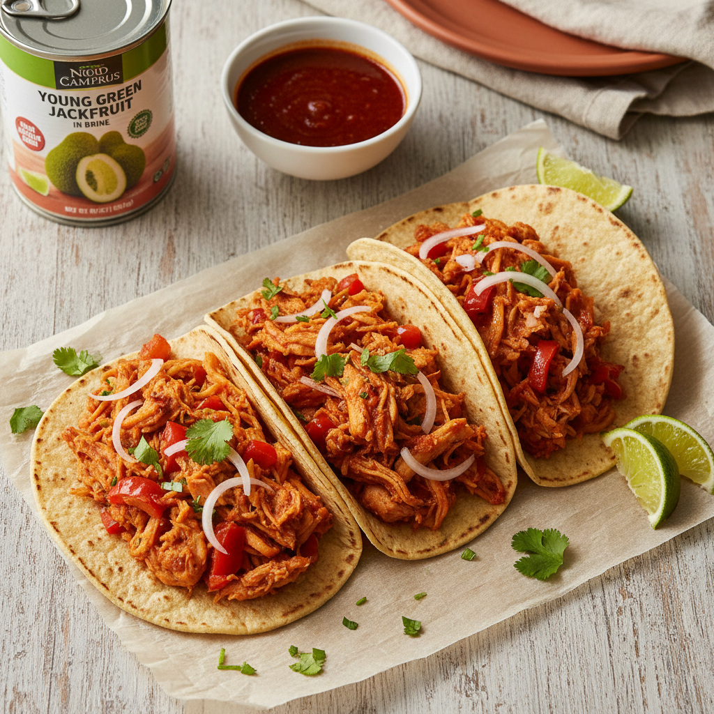 Spicy Jackfruit Tinga Tacos — Mexican recipe featuring Canned Young Green Jackfruit