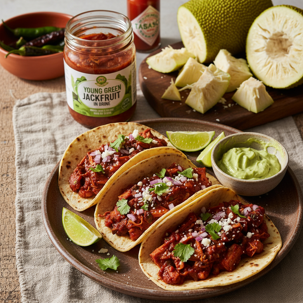 Spicy Jackfruit Tinga Tacos — Mexican recipe featuring Young Green Jackfruit in Brine