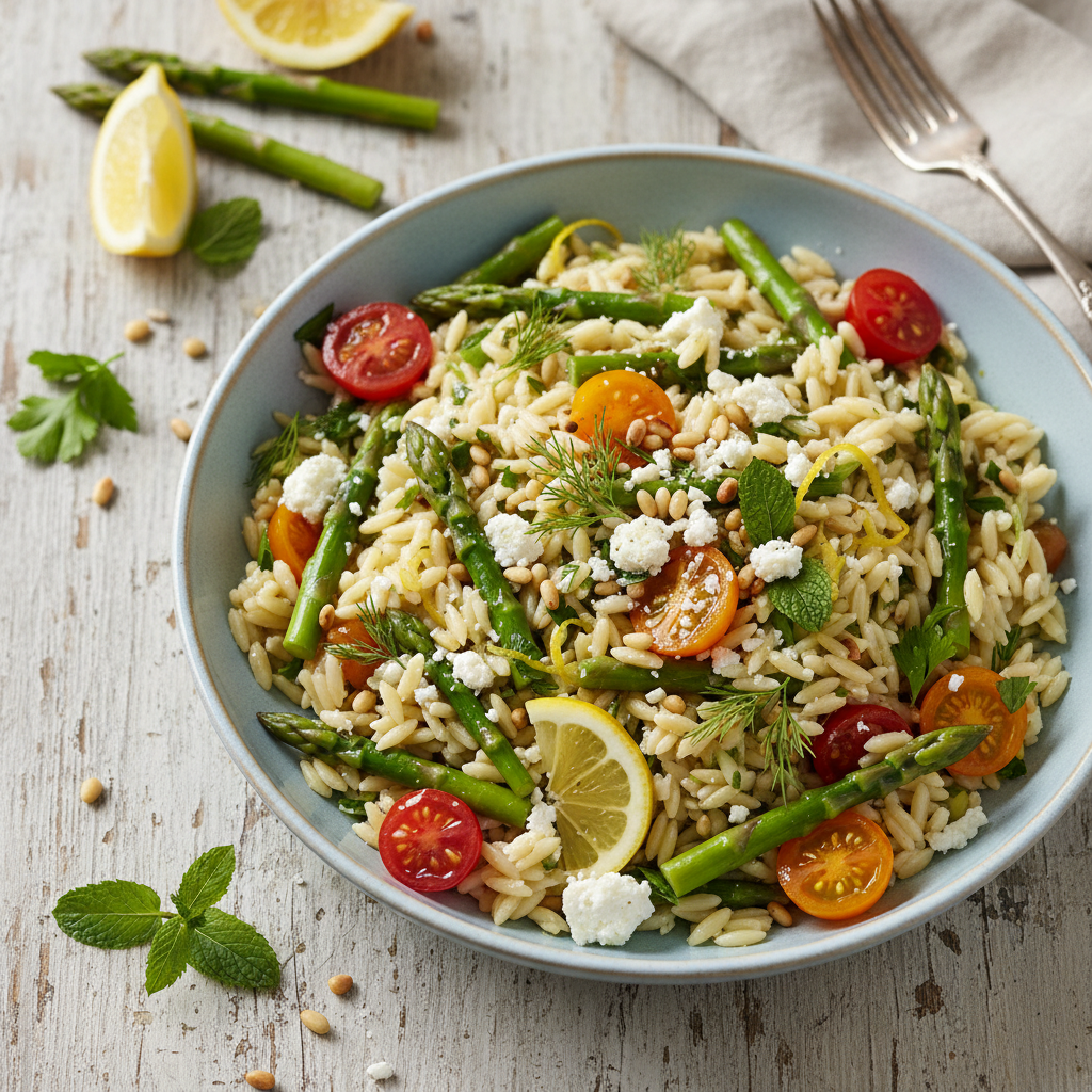 Spring Asparagus and Lemon Orzo Salad — Mediterranean recipe featuring Orzo pasta