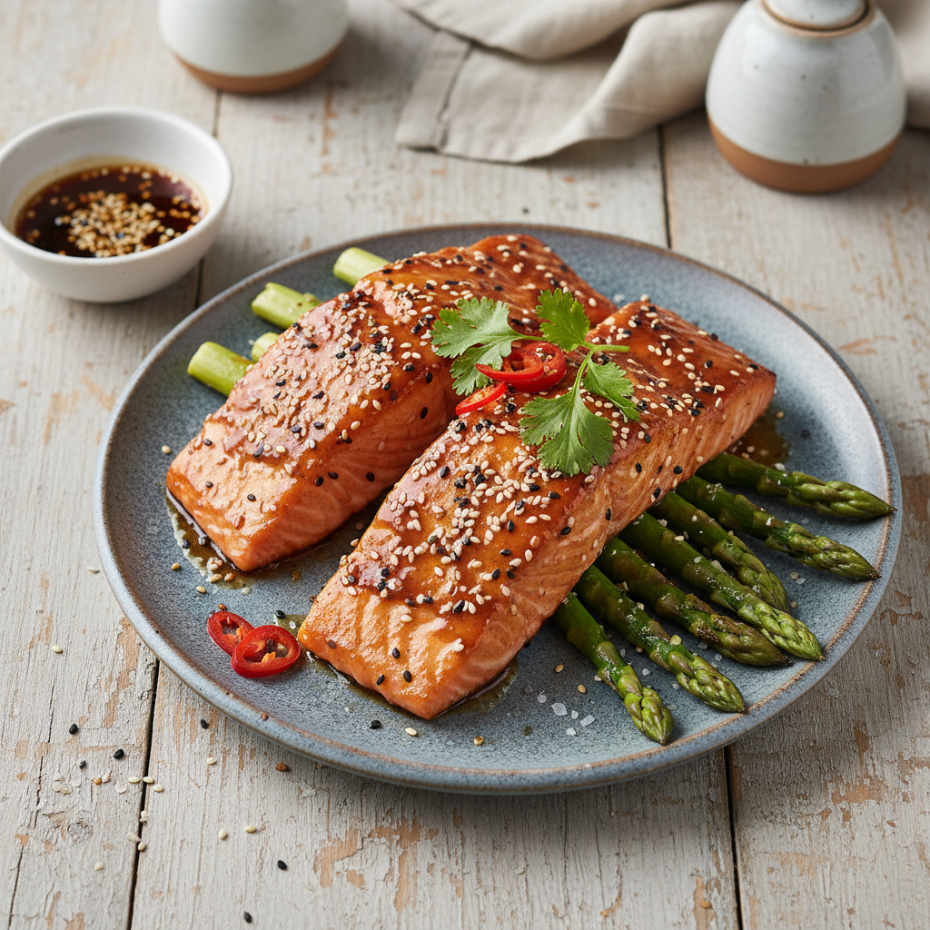 Sticky Sesame Salmon with Roasted Asparagus — Asian recipe featuring Salmon Fillets