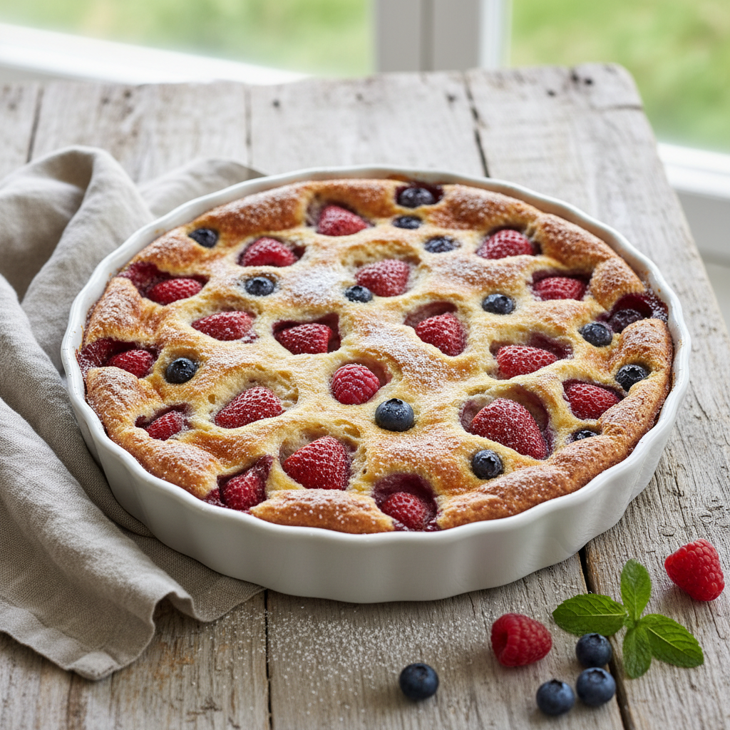 Summer Berry Clafoutis — French recipe featuring Mixed berries (strawberries, blueberries, raspberries)