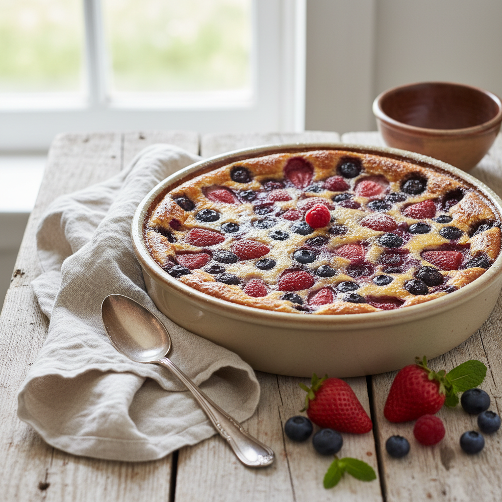 Summer Berry Clafoutis — French recipe featuring Mixed fresh berries (strawberries, blueberries, raspberries)