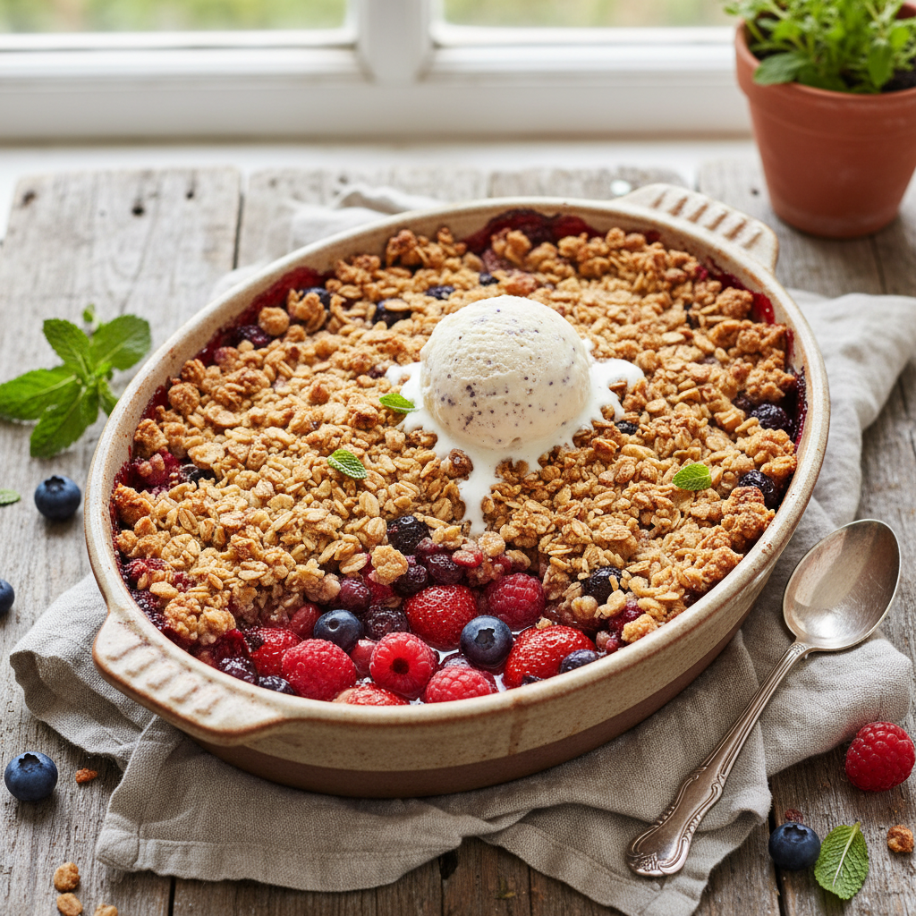 Summer Berry Crumble with Oat Topping — American recipe featuring Mixed berries (strawberries, blueberries, raspberries)