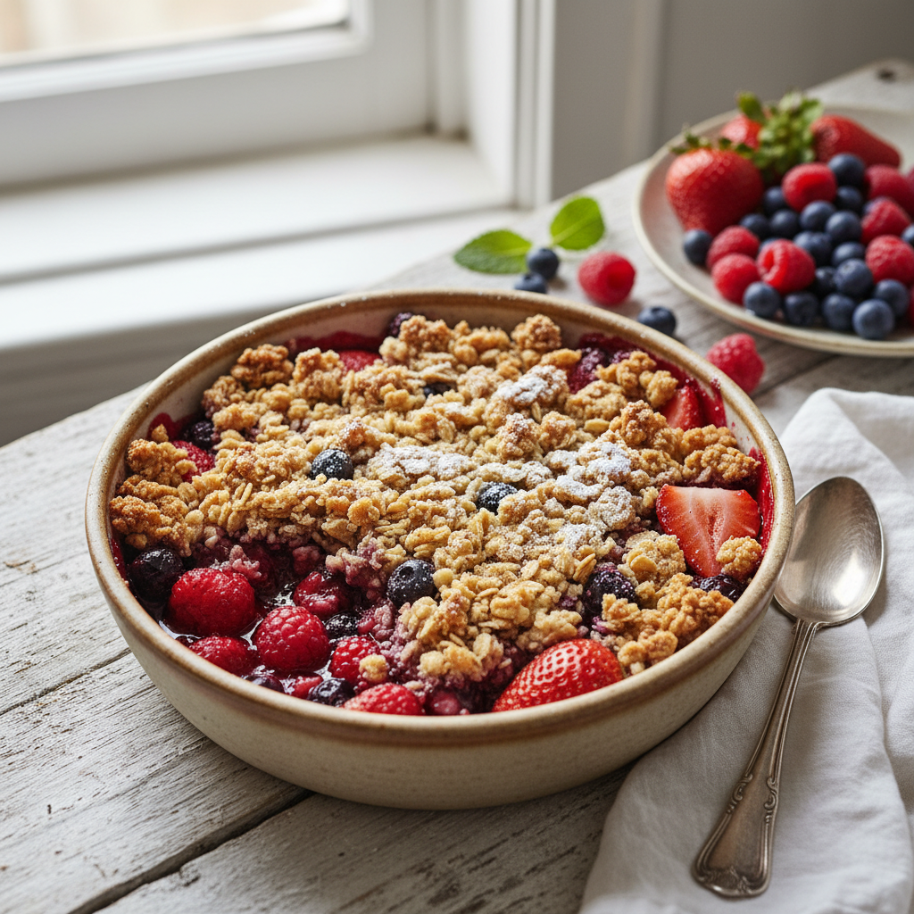 Summer Berry Crumble with Oat Topping — American recipe featuring Mixed Berries (strawberries, blueberries, raspberries)