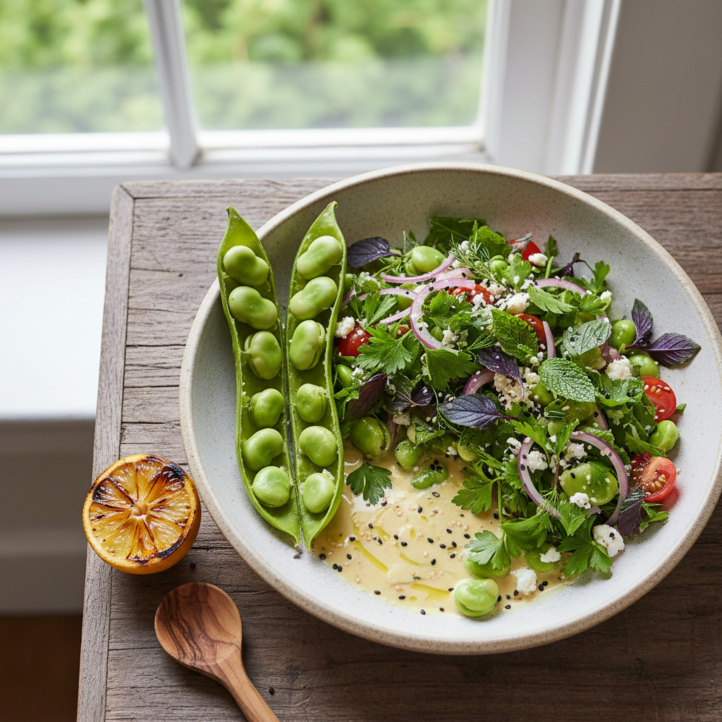 Summer Fava Bean & Herb Salad — Mediterranean recipe featuring Fresh fava beans, in pods