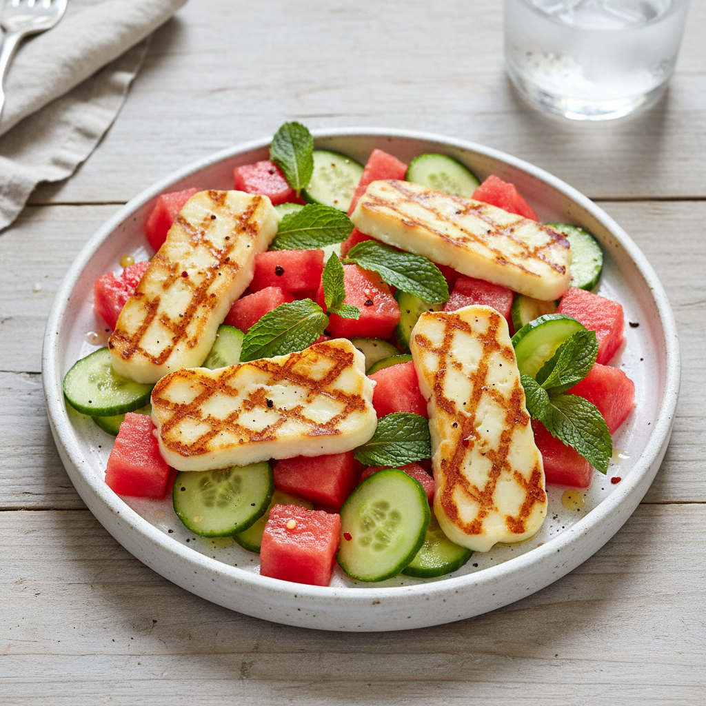 Summer Halloumi & Watermelon Salad with Mint — Mediterranean recipe featuring Halloumi Cheese, sliced 1/2 inch thick