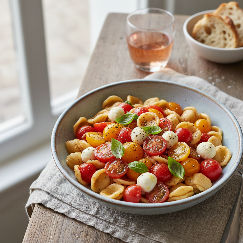 Summer Pasta with Fresh Tomato, Basil & Mozzarella — Italian recipe featuring Pasta (e.g., orecchiette or penne)