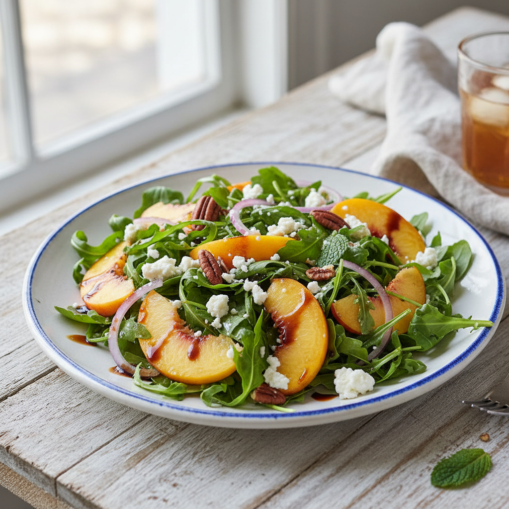 Summer Peach & Arugula Salad with Goat Cheese — American recipe featuring Fresh Arugula