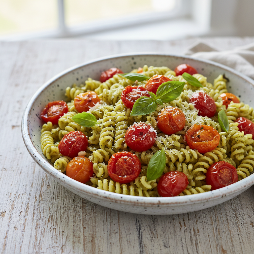 Summer Pesto Pasta with Blistered Cherry Tomatoes — Italian recipe featuring Short pasta (e.g., fusilli, penne)