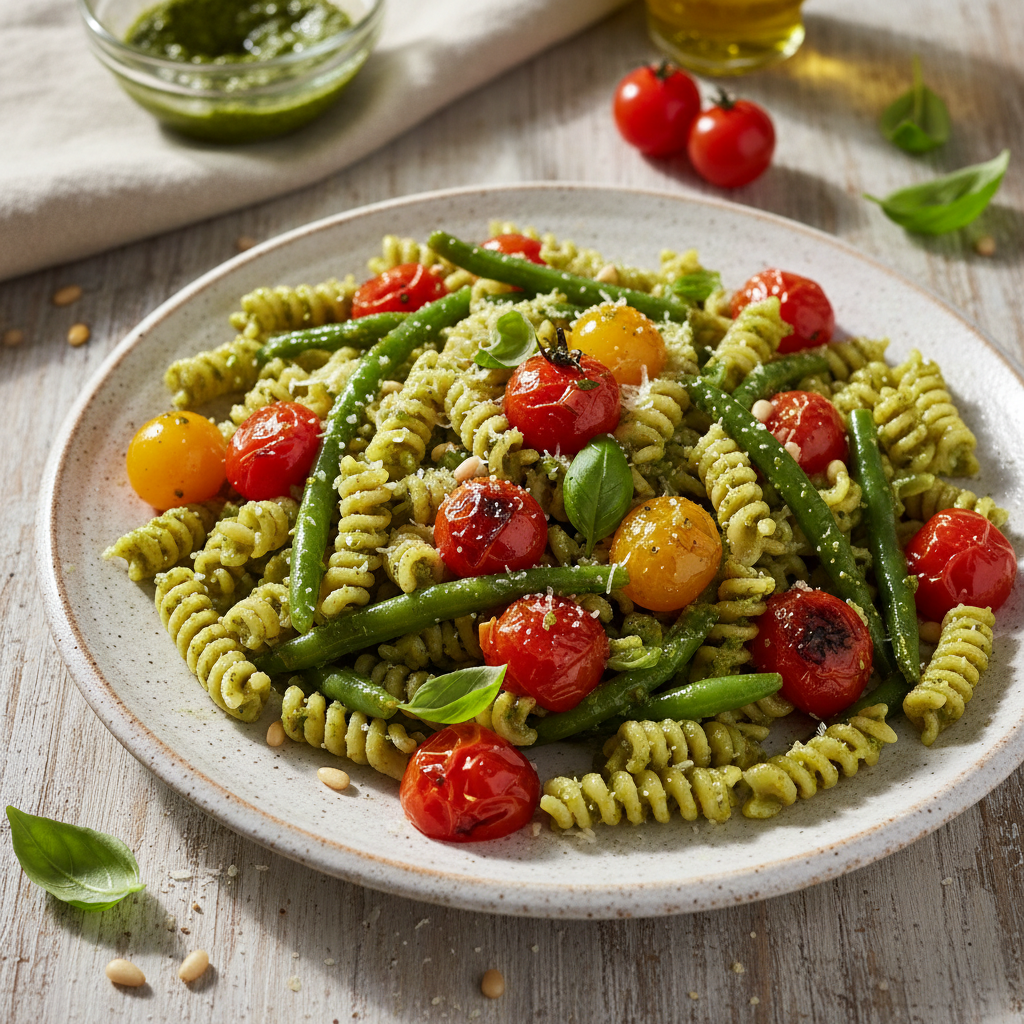 Summer Pesto Pasta with Blistered Cherry Tomatoes — Italian recipe featuring Pasta (e.g., penne, fusilli)