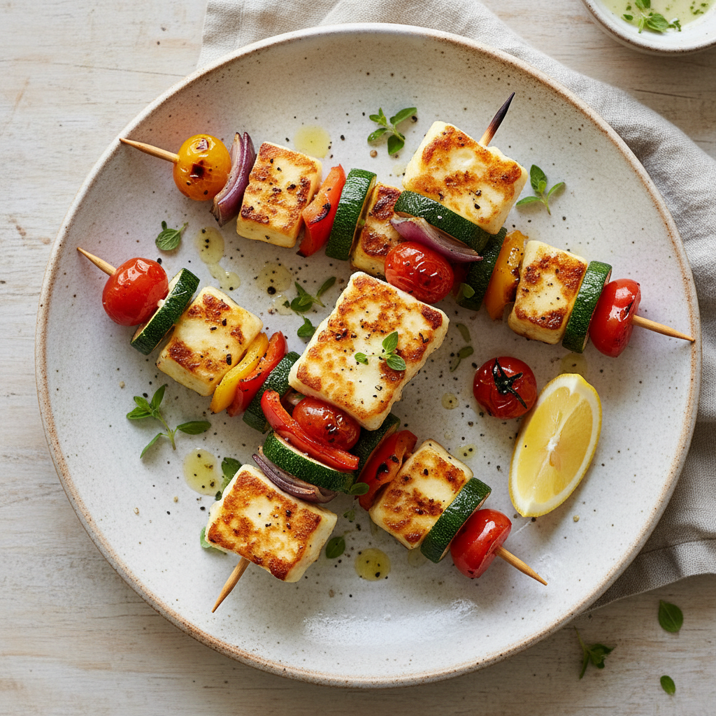 Summer Vegetable and Halloumi Skewers — Mediterranean recipe featuring Halloumi Cheese