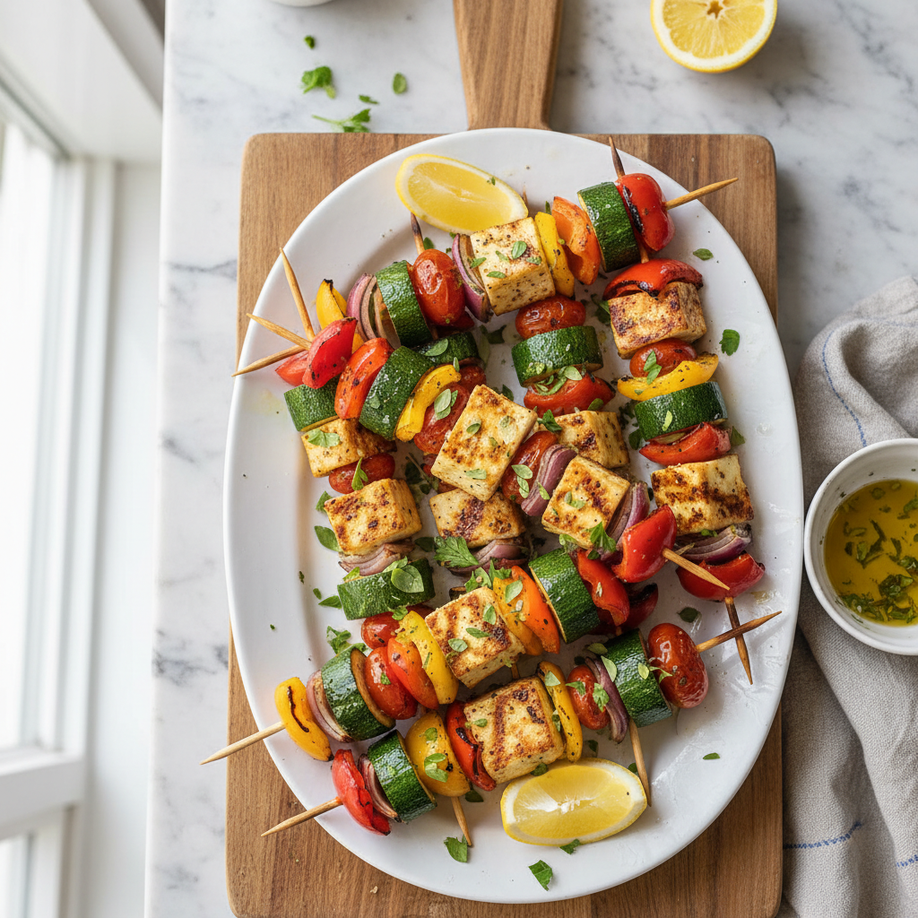 Summer Vegetable & Halloumi Skewers — Mediterranean recipe featuring Halloumi cheese