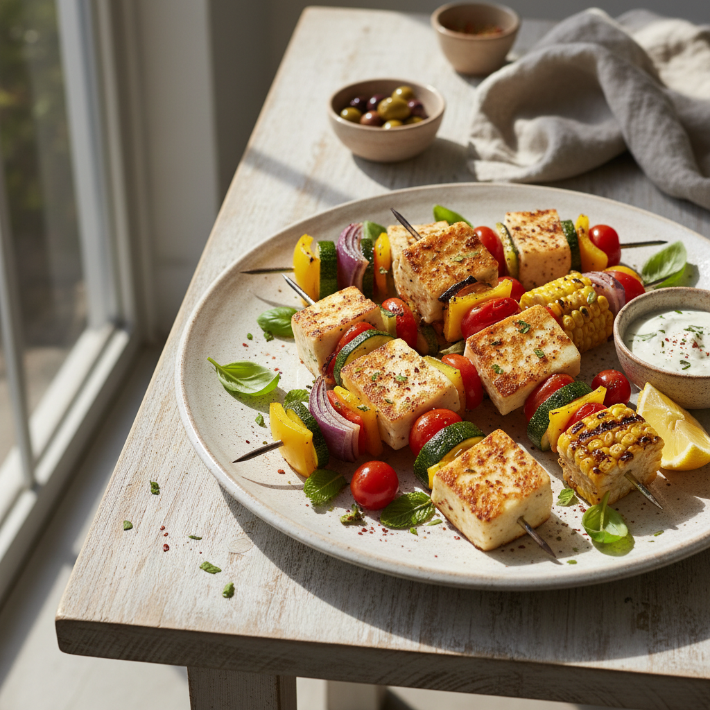 Summer Vegetable & Halloumi Skewers — Mediterranean recipe featuring Halloumi cheese