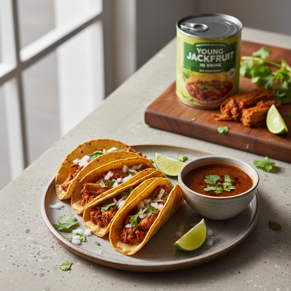 Vegan Birria Tacos with Consomé — Mexican recipe featuring Young Green Jackfruit in Brine