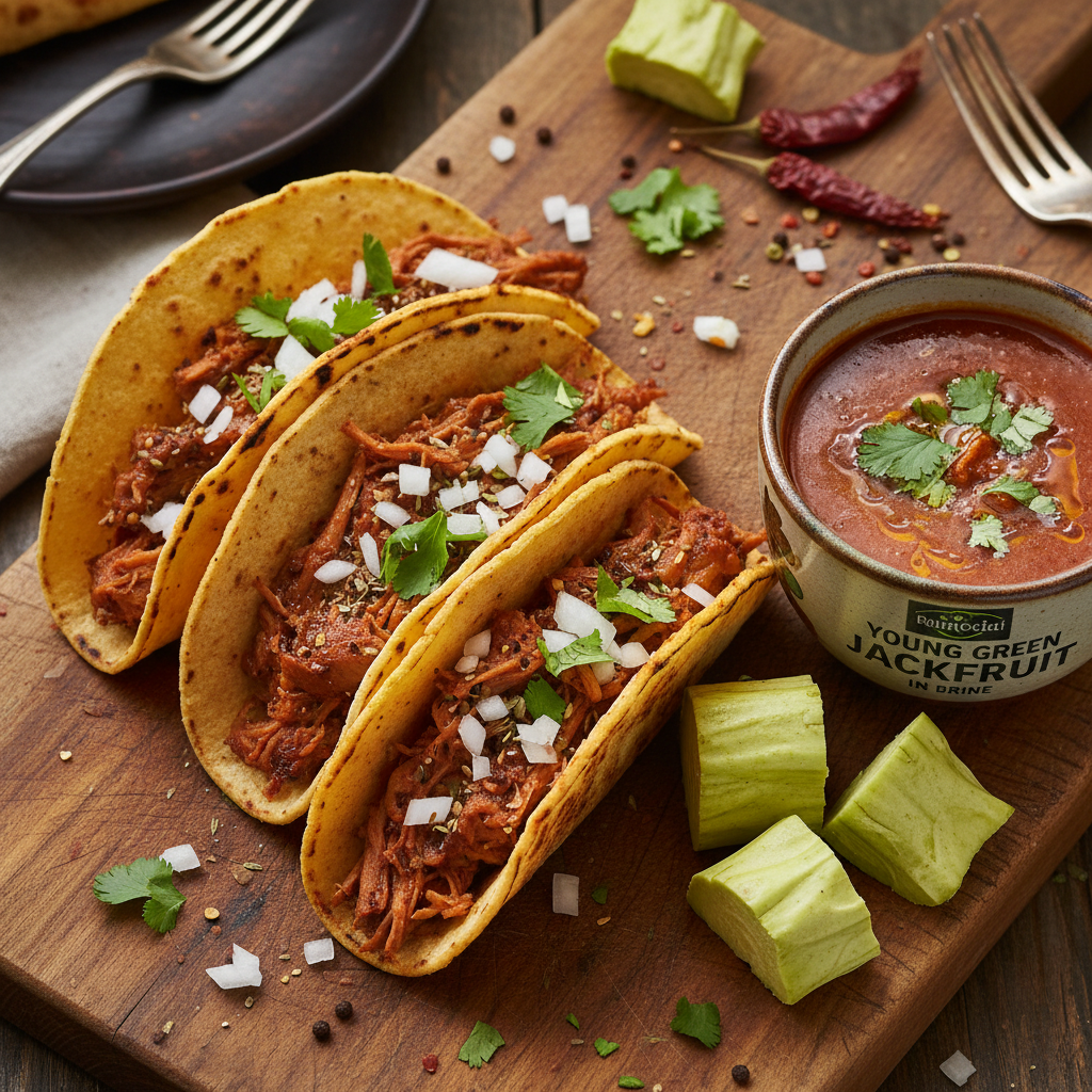 Vegan Birria Tacos with Consomé — Mexican recipe featuring Young Green Jackfruit in brine