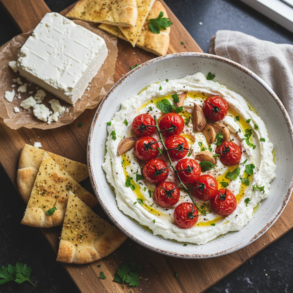Whipped Feta Dip with Roasted Cherry Tomatoes — Middle_Eastern recipe featuring Feta cheese, block