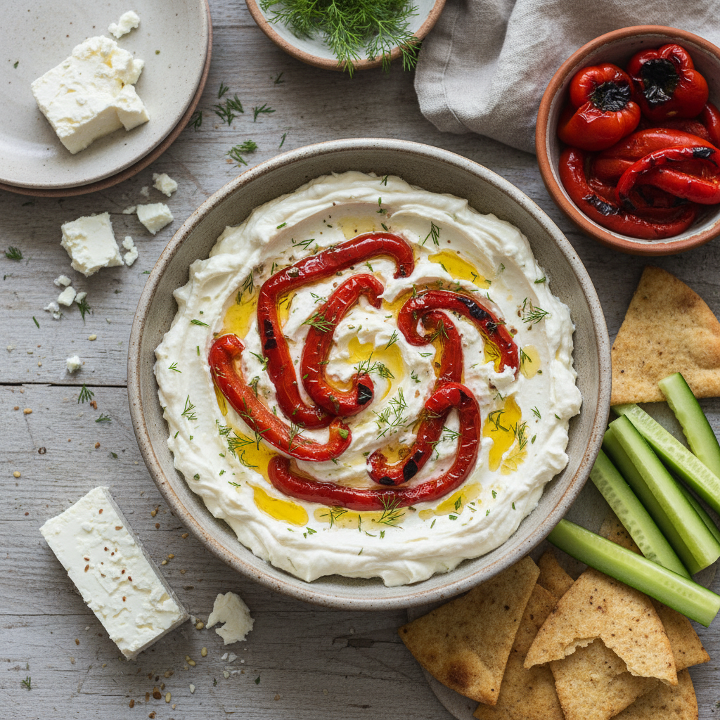 Whipped Feta Dip with Roasted Red Peppers — Mediterranean recipe featuring Feta cheese