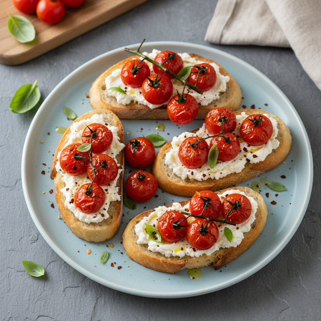 Whipped Feta & Roasted Cherry Tomato Crostini — Italian recipe featuring Cherry tomatoes